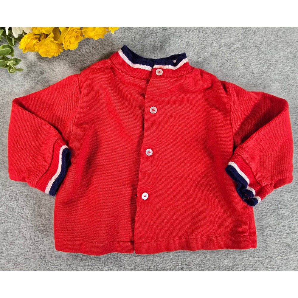 Vintage 70s Baby Boy Red Cardigan Navy Blue Pants Set Sport Football Detail 6-9m - Picture 3 of 16